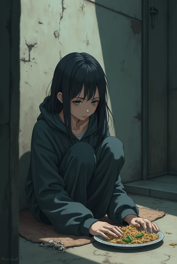 The child is now grown up and poor and depressed in anime style
