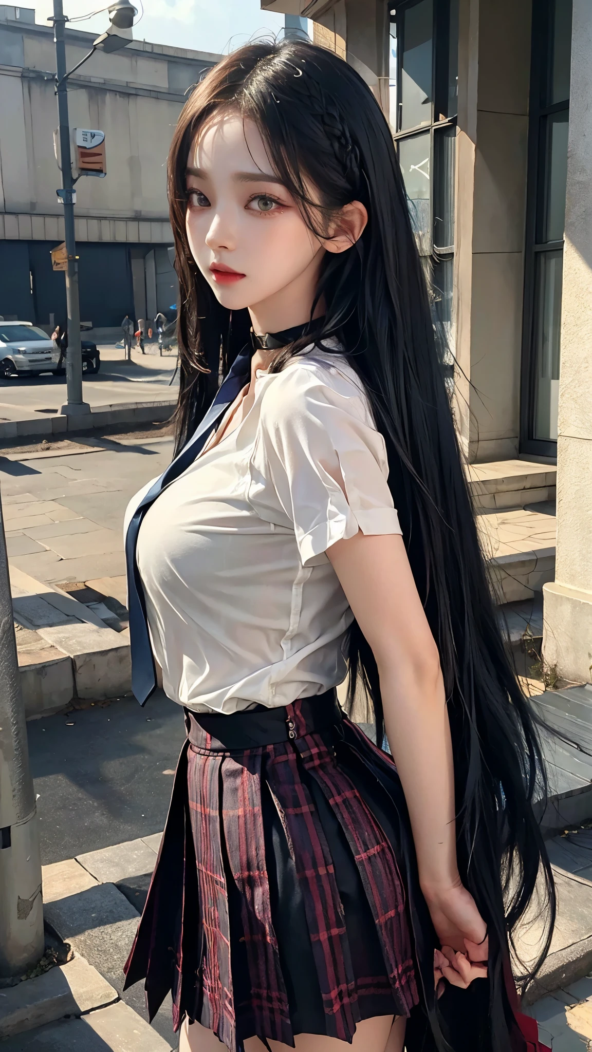 exposed, 큰 chest, 젖어서 chest이 보이는 흰색 shirt, masterpiece, best quality, whole body, 1 woman, forehead, black choker, black necktie, blond hair, panties, blush, bracelet, chest, choker, clothes approximately waist, clavicle, collared shirt, dress shirt, ear piercing, eyebrows visible through hair, gradient hair, 이를 드러내고 laugh, fix, bijouterie, Kogal, long hair, looking at viewer, loose necktie, necktie, piercing, plaid, plaid skirt, pleated skirt, red eyes, ring, , shirt, skirt, laugh, alone, Distance between high-rise buildings, sky, chairs inside cafe,illustration, (Magazines:1.3), (sheathe-style:1.3), fashionable, female, vibrant, outfit, posing, front, fancy, dynamic, background, coercion, confidence, expression, possession, name, accessories, majestic, coil, approximately, touch, scene, texts, sheathe, brave, attracting attention, title, Refined, font, catchy, headline, bigger, striking, modern, Trend, Concentrate upon, fashion,