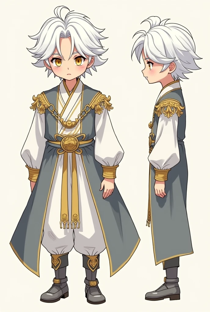 (FULL BODY CHARACTER DESIGN SHEET) (HIGH RESOLUTION) a character design sheet featuring a young male child around 10 years old, he has white hair styled in a 'comma' shape, wavy and slightly curled, common in anime. his golden eyes have reptilian slits, giving him a dragon-like quality. he wears a beautiful, noble outfit reminiscent of historical manhwa, featuring a regal color palette of grey, golds, and whites. despite his cute appearance, his expression is flat and emotionless, as if detached from the world around him. the background of the design sheet is neutral, focusing on the character from multiple angles, including a close-up of his face, the full body, and the others details. the overall style should resemble character design sheets often seen in manhwa, with clear lines and detailed shading to highlight his mysterious aura and intricate clothing details. (FULL BODY CHARACTER DESIGN SHEET) (3:4 CHARACTER DESIGN SHEET)