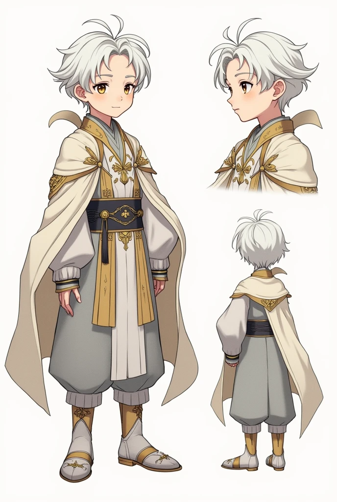 (FULL BODY CHARACTER DESIGN SHEET) (HIGH RESOLUTION) a character design sheet featuring a young male child around 10 years old, he has white hair styled in a 'comma' shape, wavy and slightly curled, common in anime. his golden eyes have reptilian slits, giving him a dragon-like quality. he wears a beautiful, noble outfit reminiscent of historical manhwa, featuring a regal color palette of grey, golds, and whites. despite his cute appearance, his expression is flat and emotionless, as if detached from the world around him. the background of the design sheet is neutral, focusing on the character from multiple angles, including a close-up of his face, the full body, and the others details. the overall style should resemble character design sheets often seen in manhwa, with clear lines and detailed shading to highlight his mysterious aura and intricate clothing details. (FULL BODY CHARACTER DESIGN SHEET) (3:4 CHARACTER DESIGN SHEET)