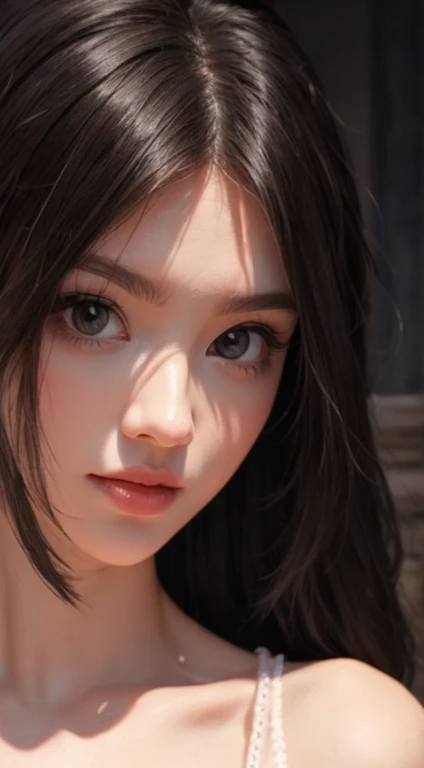 photoRealistic, Lip gloss, Painting, Realistic, Highest quality, Ultra-high resolution, depth, pastel colour, Natural Shading, Focus on the face, Face only, View your viewers, Long Hair, hair accessory, Black Hair, Brown with great detail、dress、Highest quality、Ultra delicate、Super Beauty