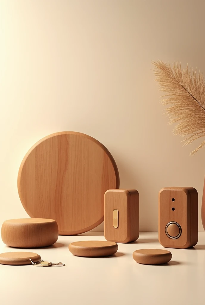 Image with wooden docking stations wooden door bells and wooden key tags for a business website. Should be like a banner rectangular shape