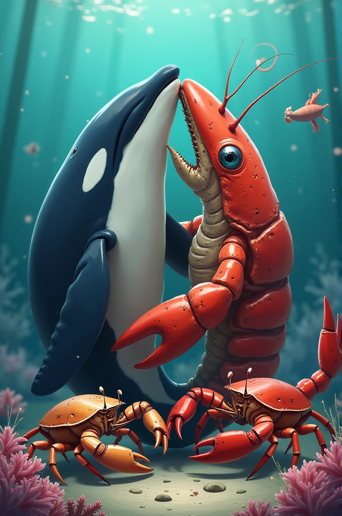 killer whale, Coconut crab, hermit crab, boxing lobster and pistol shrimp hugging