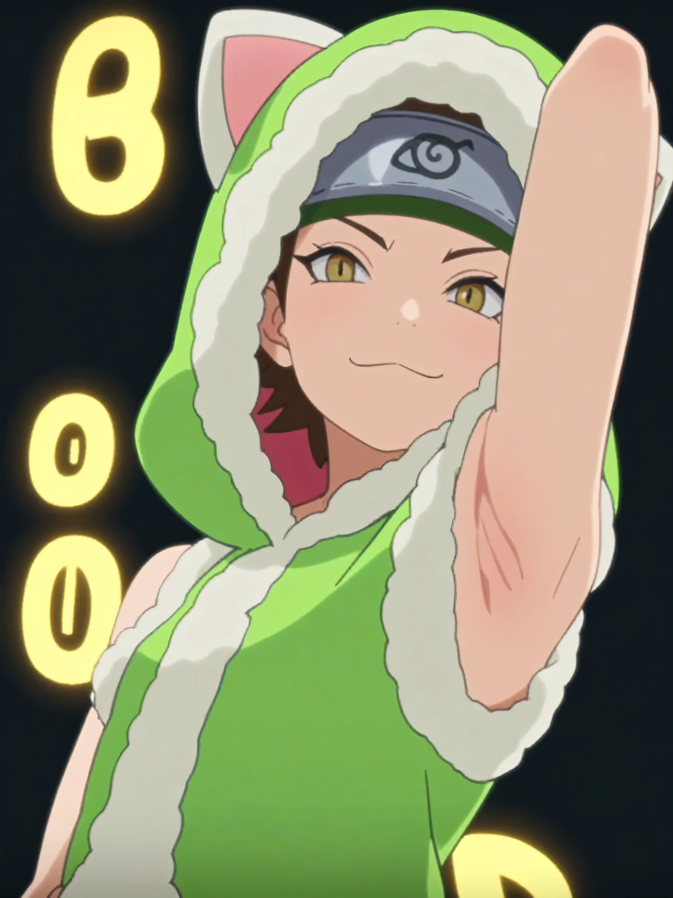 score_9, score_8_up, score_7_up, source_anime, anime screencap, izunowasabi, fur, headband, cat clothing, green clothing, 1girl, solo, looking at viewer, eye contact with viewer, smile, (smug:0.8), closed mouth, light blush, bare shoulders, bare arms, black background, arm up, raised arm, arm behind head, armpit, from side, from below