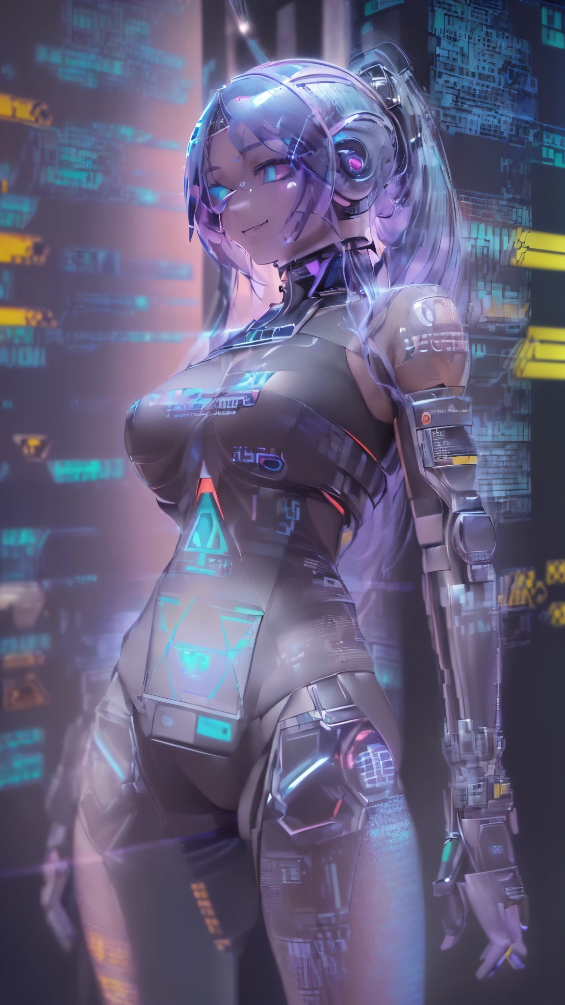 (masterpiece), best quality, high resolution, highly detailed, detailed background, perfect lighting, sci-fi, mecha, cyberpunk, 1girl, multicolor hair, streaked hair, purple eyes, leotard, cleavage, android, mechanical arms, robot joints, glowing tattoo,
