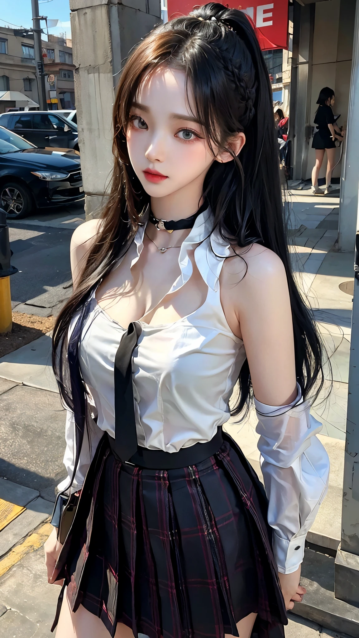 exposed, 큰 chest, 젖어서 chest이 보이는 흰색 shirt, masterpiece, best quality, whole body, 1 woman, forehead, black choker, black necktie, blond hair, panties, blush, bracelet, chest, choker, clothes approximately waist, clavicle, collared shirt,  dress shirt, ear piercing, eyebrows visible through hair, gradient hair, 이를 드러내고 laugh, fix, bijouterie, Kogal, long hair, looking at viewer, loose necktie, necktie, piercing, plaid, plaid skirt, pleated skirt, red eyes, ring, , shirt, skirt, laugh, alone, Distance between high-rise buildings, sky, chairs inside cafe,illustration, (Magazines:1.3), (sheathe-style:1.3), fashionable, female, vibrant, outfit, posing, front, fancy, dynamic, background, coercion, confidence, expression, possession, name, accessories, majestic, coil, approximately, touch, scene, texts, sheathe, brave, attracting attention, title, Refined, font, catchy, headline, bigger, striking, modern, Trend, Concentrate upon, fashion,