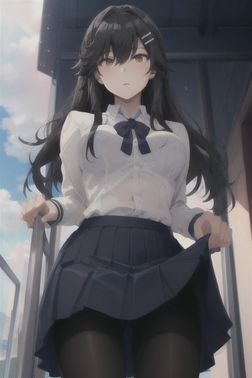 è¥¿ é‡Žèāœ,One girl,hair ornaments,Black Hair,Long Hair,Hair Flower,Hair Clip,Red eyes,Braiding,bangs,Hair between the eyes,
school uniform,Black tie,White shirt,Collared shirt,White jacket,Long sleeve,Blue Skirt,Pleated skirt,Large Breasts,
pantyhose,black pantyhose,, Amazing visuals, High resolution,masterpiece,Highest quality,, 18-year-old,young woman,beautiful指,beautiful長い脚,beautiful体,beautiful鼻,beautifulキャラクターデザイン, Perfect Eyes, perfect face,Expressive eyes,
View your viewers,
Official Art,Very detailed CG ユニティ 8k 壁紙, Perfect lighting,colorful, bright_front_face_Lighting,Glowing Skin, 
(masterpiece:1.0),(Highest_quality:1.0), 超High resolution,4K,Very detailed,
photograph, 8k, High resolution, High resolution, Absurd:1.2, 400 for Kodak Port, Film Grain, Blurred Background, Bokeh:1.2, Lens flare, (Vibrant_color:1.2), (beautiful_face:1.5),(narrow_Waist), ,Browsing Caution,,topless,skirt lift,skirt hold,panties under pantyhose,Red lace Panties,front face,from below,blush,large breasts,nipple slip,high resolution,scenery,