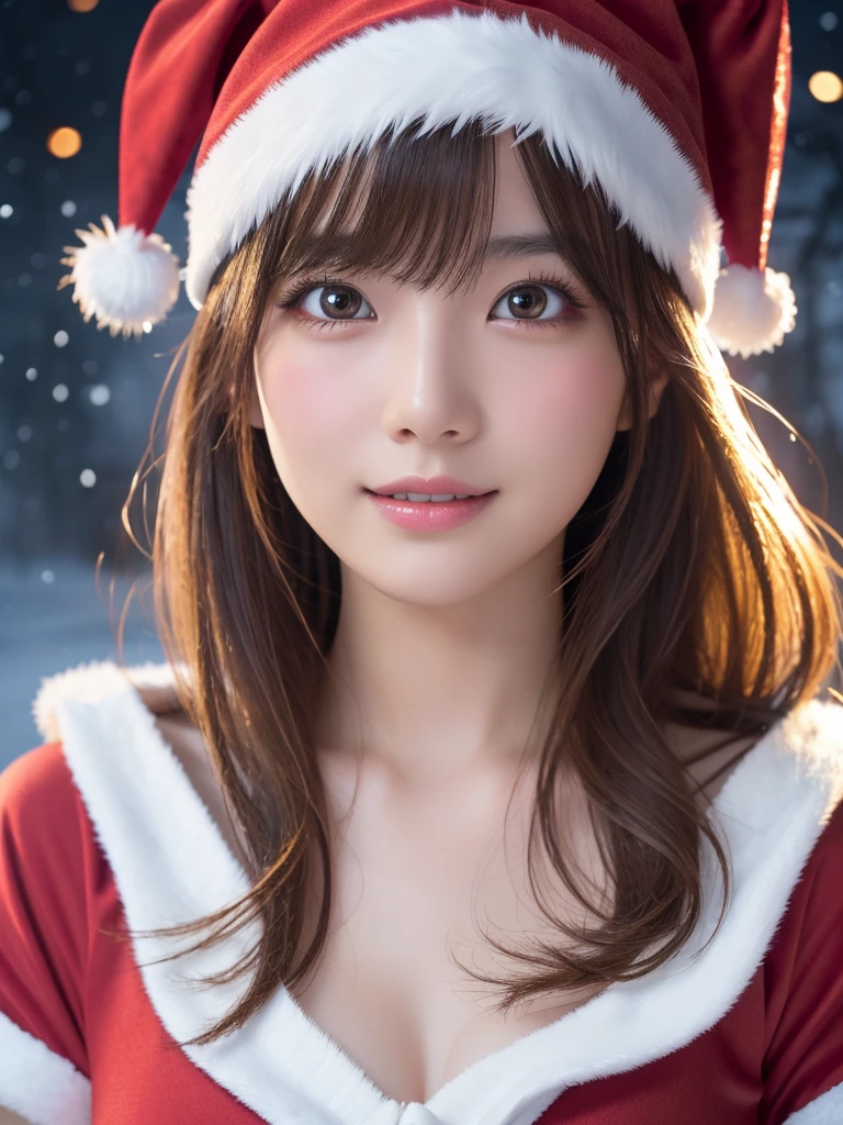 beautiful detailed eyes,droppy eyes,beautiful detailed lips, extremely detailed eyes and face, long eyelashes, 1japanese girl, fantasy character, (Santa Claus costume:1.25),smile,short hair,highly detailed, dramatic lighting, glowing effects, mist, intricate details, volumetric lighting, cinematic composition, hyper realistic, 8k, best quality, masterpiece, photorealistic,Highres fix,snowy night town