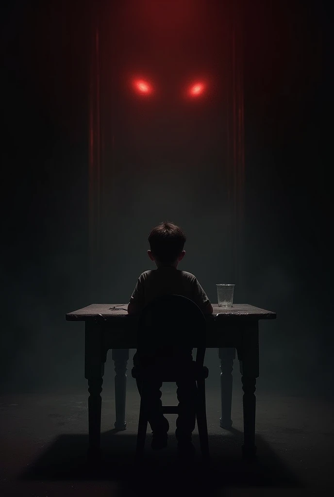 A dark room with a red light, in the middle a boy sitting looking towards the camera, in front of him a table, and behind him the darkness of the room, but with two bright spots behind it resembling eyes, let the darkness be noticed, and the boy is a little far away so that it is not clear if it is a drawing or a real person, try to make it as real as possible