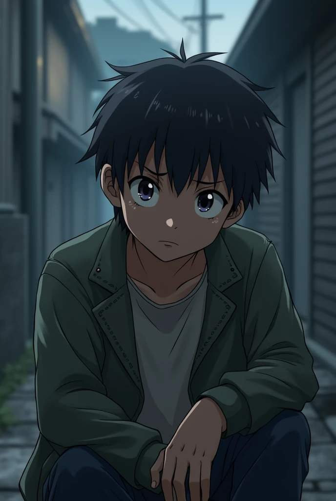 The boy is now grown up and poor and depressed in anime style
