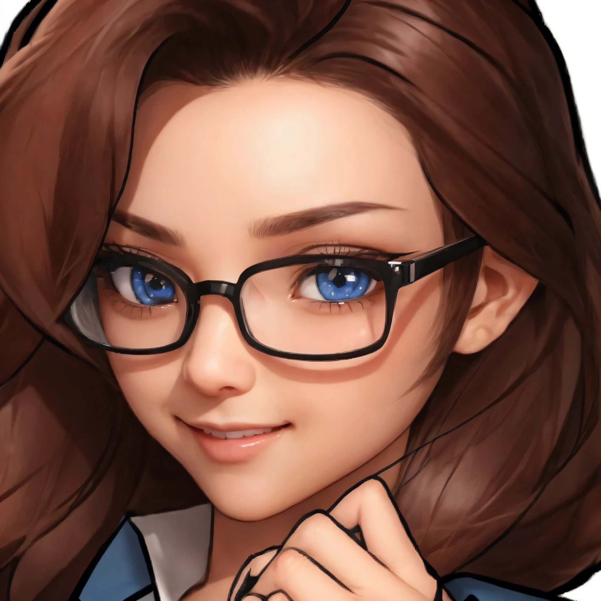 A cartoon girl wearing black framed glasses and a blue shirt, Fox Eyes，Fox-like Long eyes type，Blue pupils，More pupil details，Mesmerizing Smile Eyes，Long eyes，Long eyelashes，Intense eyeshadow，Smoky makeup，Long eyes线， Smile，Charming eyes，number, Eyes realistic, Low Detail, Ultra Detailed，Thick coating style，Large color blocks，Comic Style，Sharp RPG portraits
