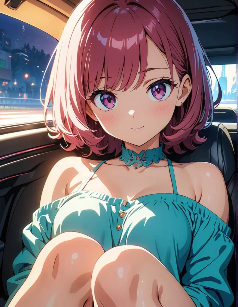 (anime artwork, anime style, studio anime, very detailed, up to date, vibrant, Anime Coloring, high contrast, masterpiece:1.2, best quality, best aesthetics),1 girl, Medium chest, A glimpse of thighs,random hair, One eye is hidden by the bangs, perfect proportions, high detail skin, Cute, detailed faces, precise fingers,in the convertible car, front driver's seat,