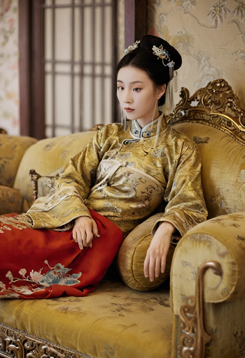 A woman seen from the Qing dynasty, leaning forward on a golden sofa in the empress&#39;s palace, legs spread apart, showing her large breasts and naked figure, wearing a crown and showing her stomach and thighs from below, in the Chinese imperial court of the Qing dynasty.。She is completely naked, showing off her gorgeous large flowers and hairpins, her hair tied up and pulled up, and the background is the luxurious palace of the Qing Dynasty empress.