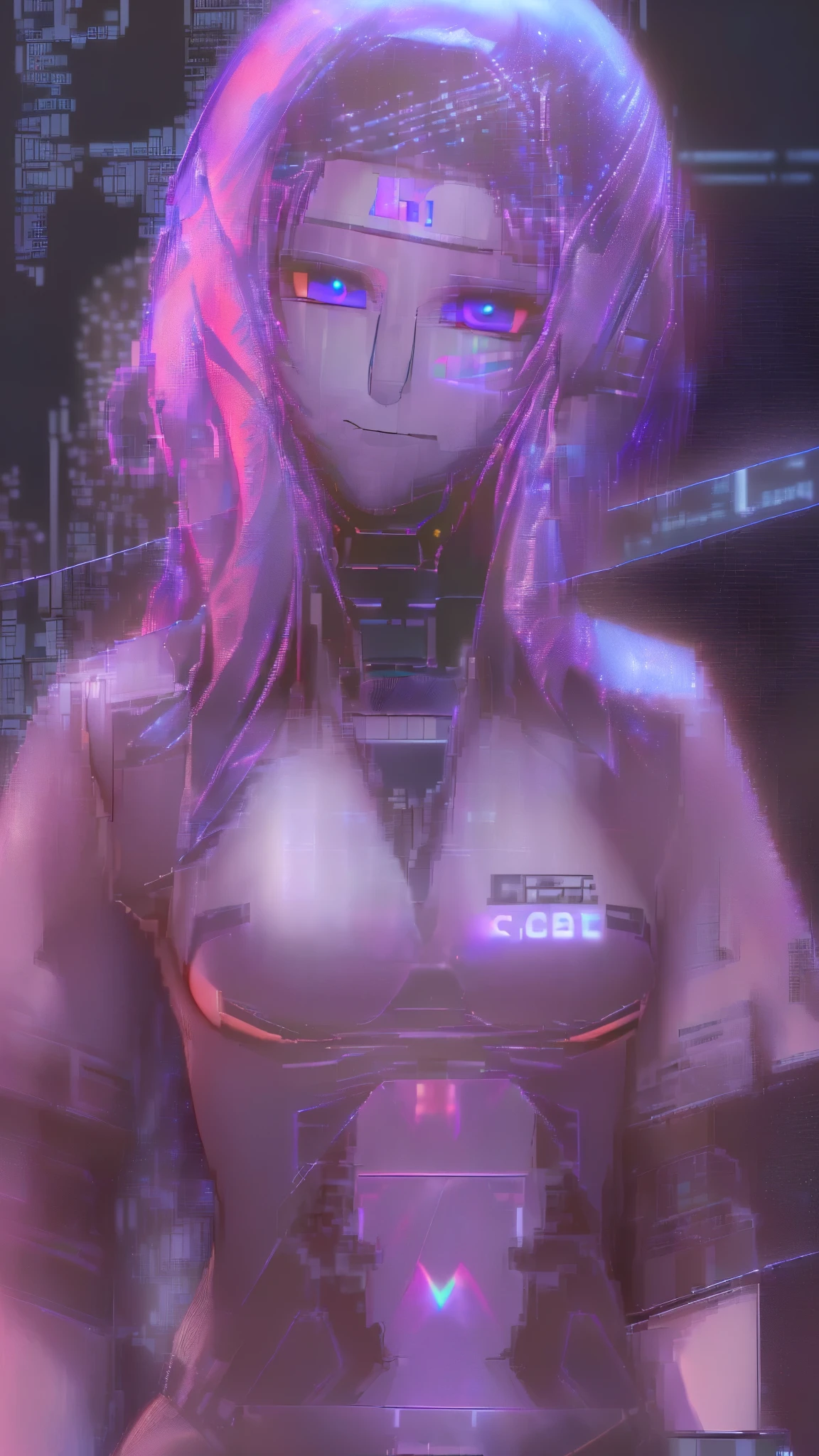 ((Highest quality)),(Ultra-high resolution),(Super detailed),(Detailed Description),((The best CG)),(masterpiece),Highly detailed art,(Art with precise detail:1.5), (cyber punk:1.6),(Female Hacker:1.8),(Fearless smile:1.4),(投影されたhologramボディ:1.6),hologram:1.6,(A body with a transparent background:1.7)