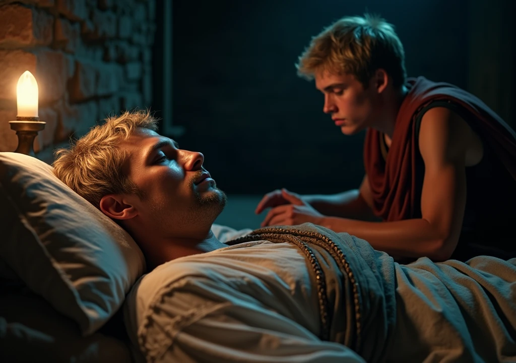 image where a young man stealthily approaches in the middle of the night a Roman emperor with short, gray, thin blonde hair who is sleeping in his chambers in the ancient Roman empire