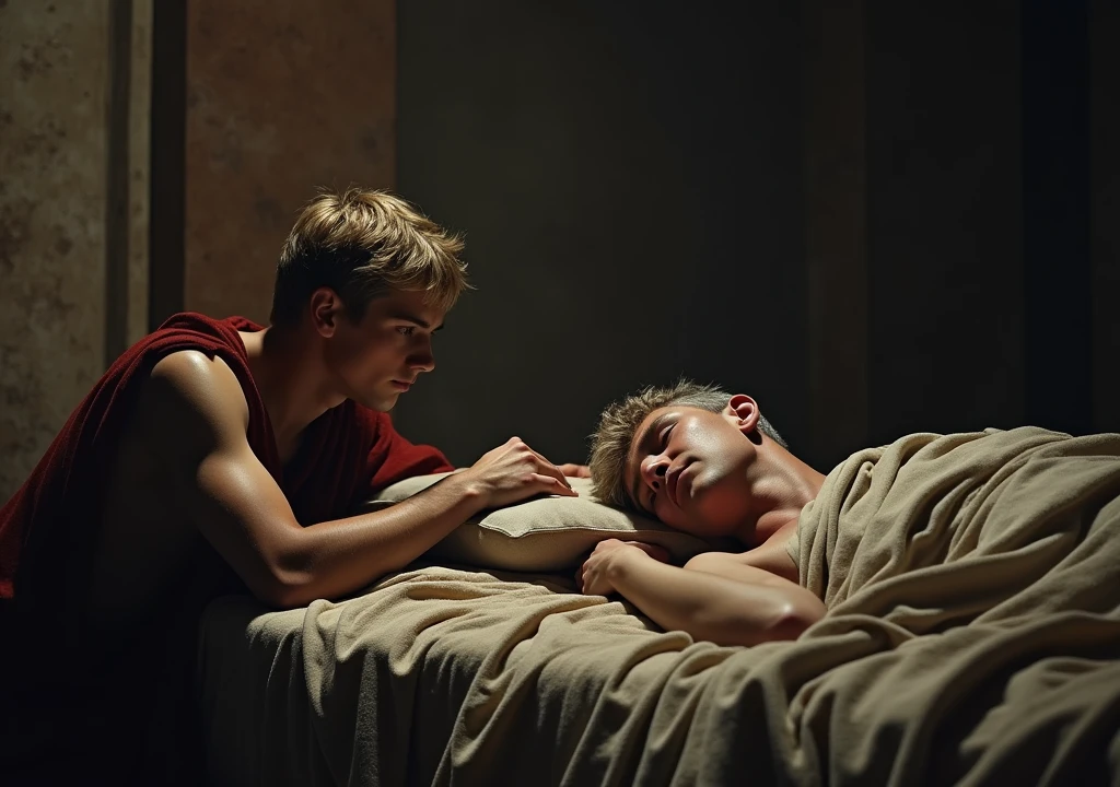 image where a young man stealthily approaches in the middle of the night a Roman emperor with short, gray, thin blonde hair who is sleeping in his chambers in the ancient Roman empire