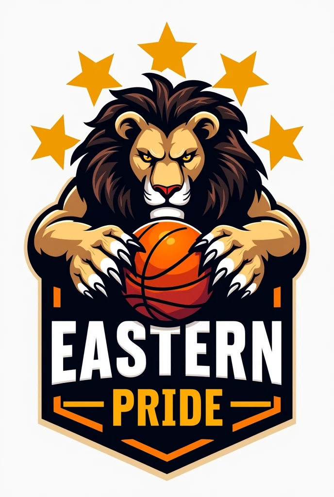 A basket ball team logo that has a roaring lion resting it sharp paws on top of a basketball Infront and has five yellow stars halo over its head including the team name Eastern Pride printed in bold black and white fronts on each side of the lion.