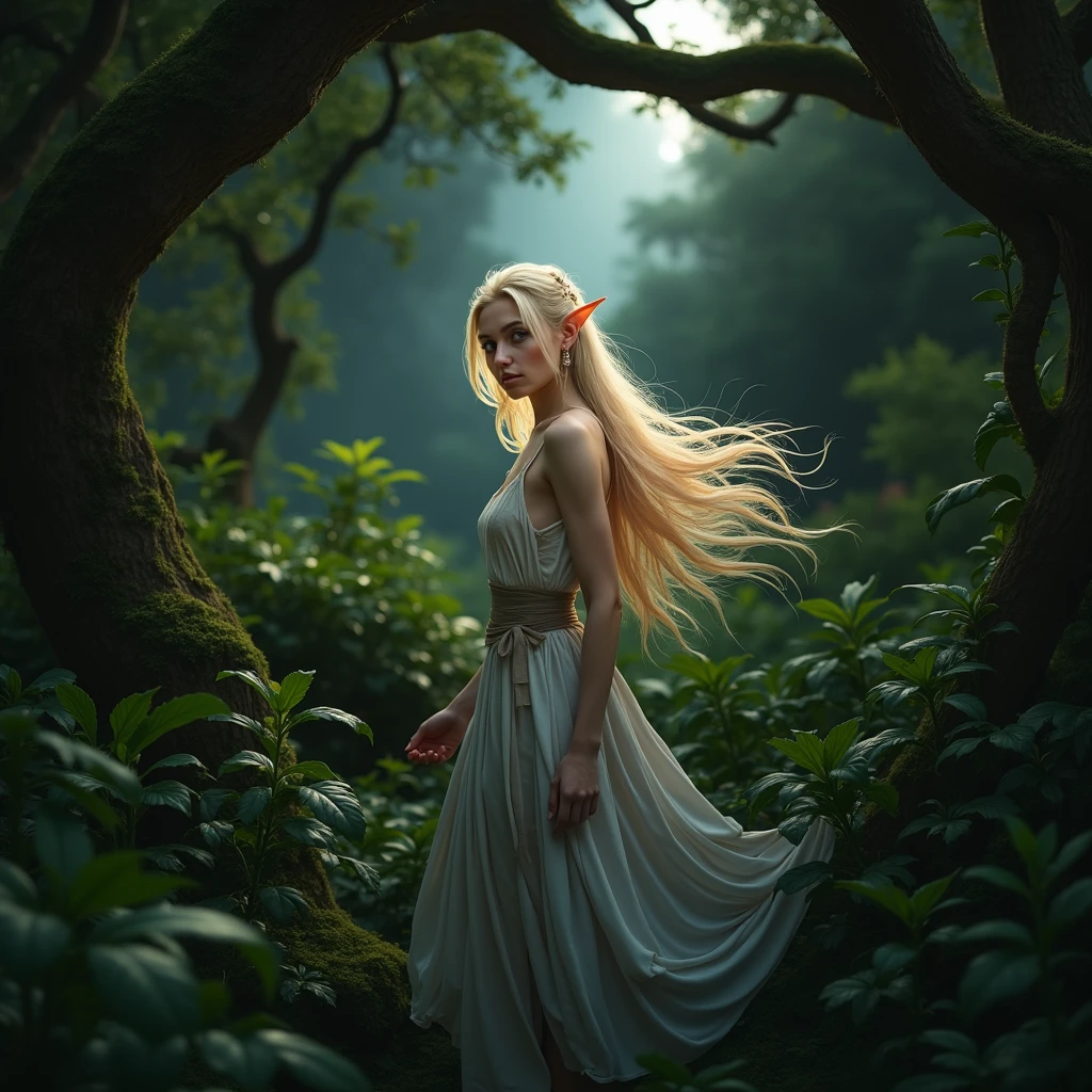 a elvish girl, blonde hair, in jungle under moonlight, perfect lightining, cleavage, beauty