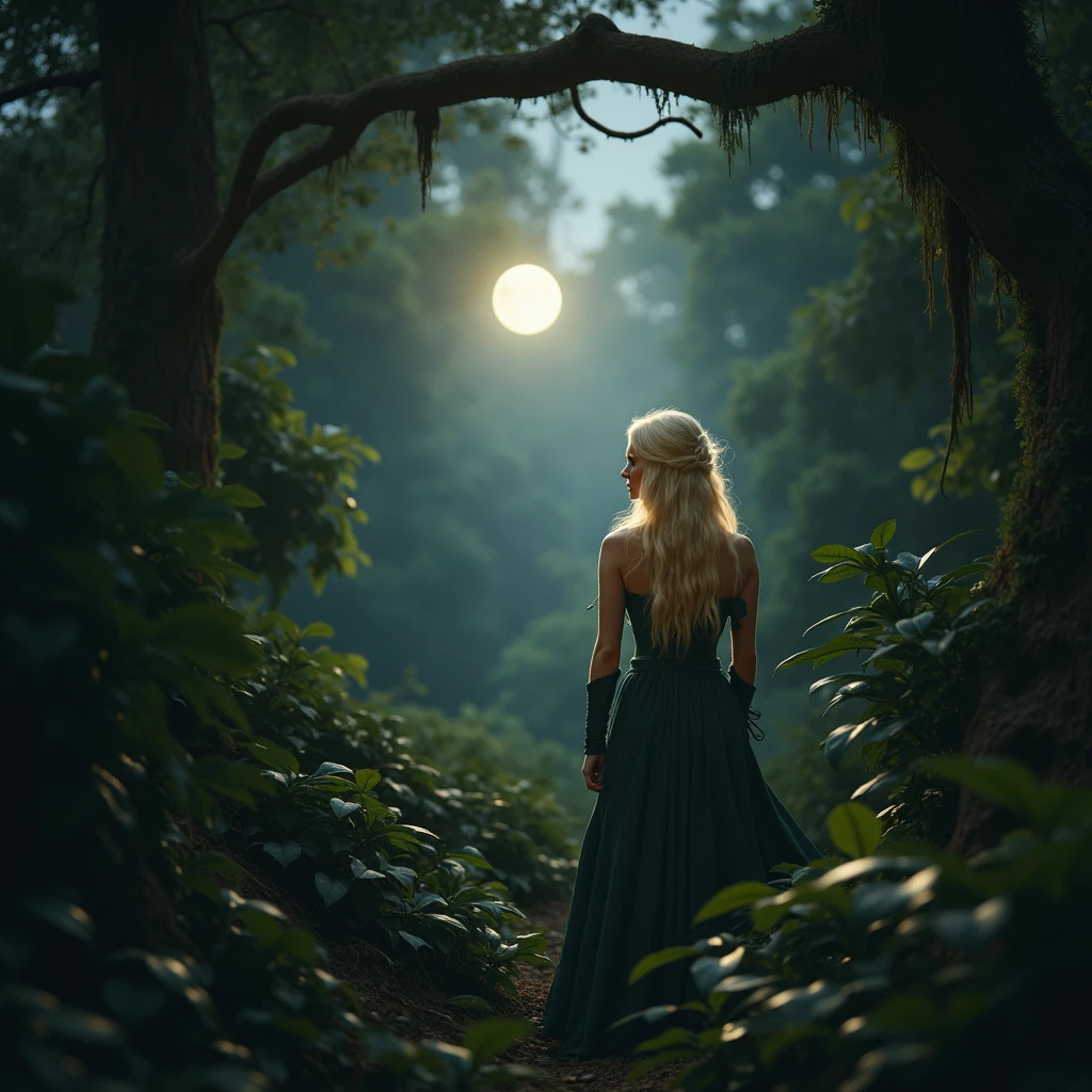 a elvish girl, blonde hair, in jungle under moonlight, perfect lightining, cleavage, beauty