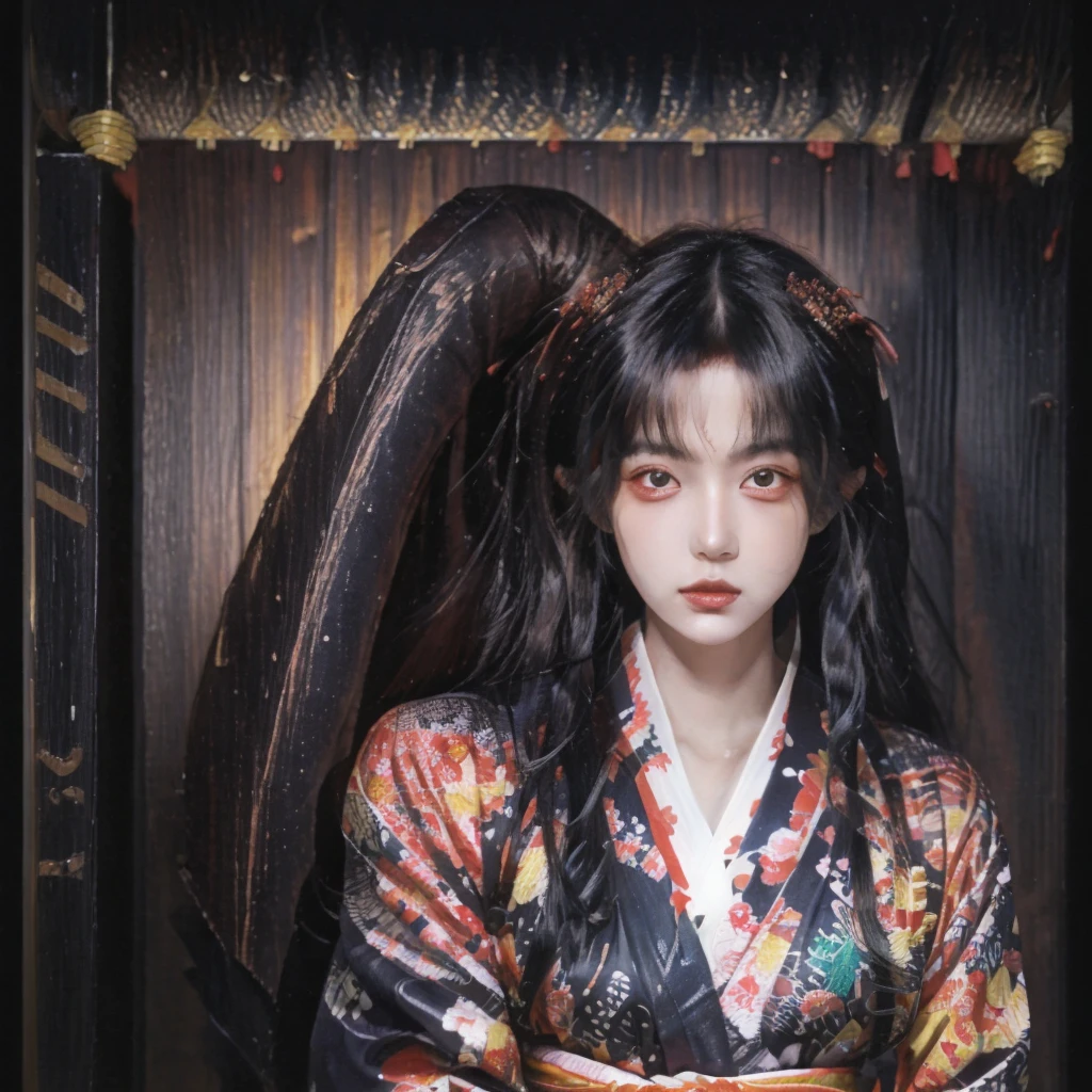 horror painting, in the style of takato yamamoto, ink drawing, pencil drawing, long hair, yukata, japanese woman, Brown eyes, surrealism, dark background, dark fantasy