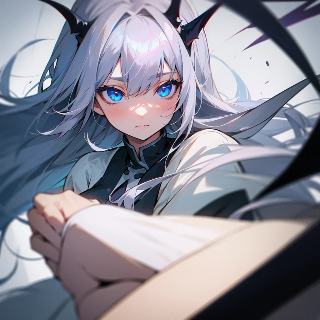 One girl, solo, Long Hair, Bangs between the eyes,  , blue eyes, Gray Hair, Dutch Angle, cute, Demon King