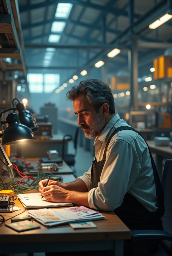 Electrical engineer
Work clothes
In a factory
Desk
Series
Some paper
Euro geld pack
Iranian
Show infront of his desk