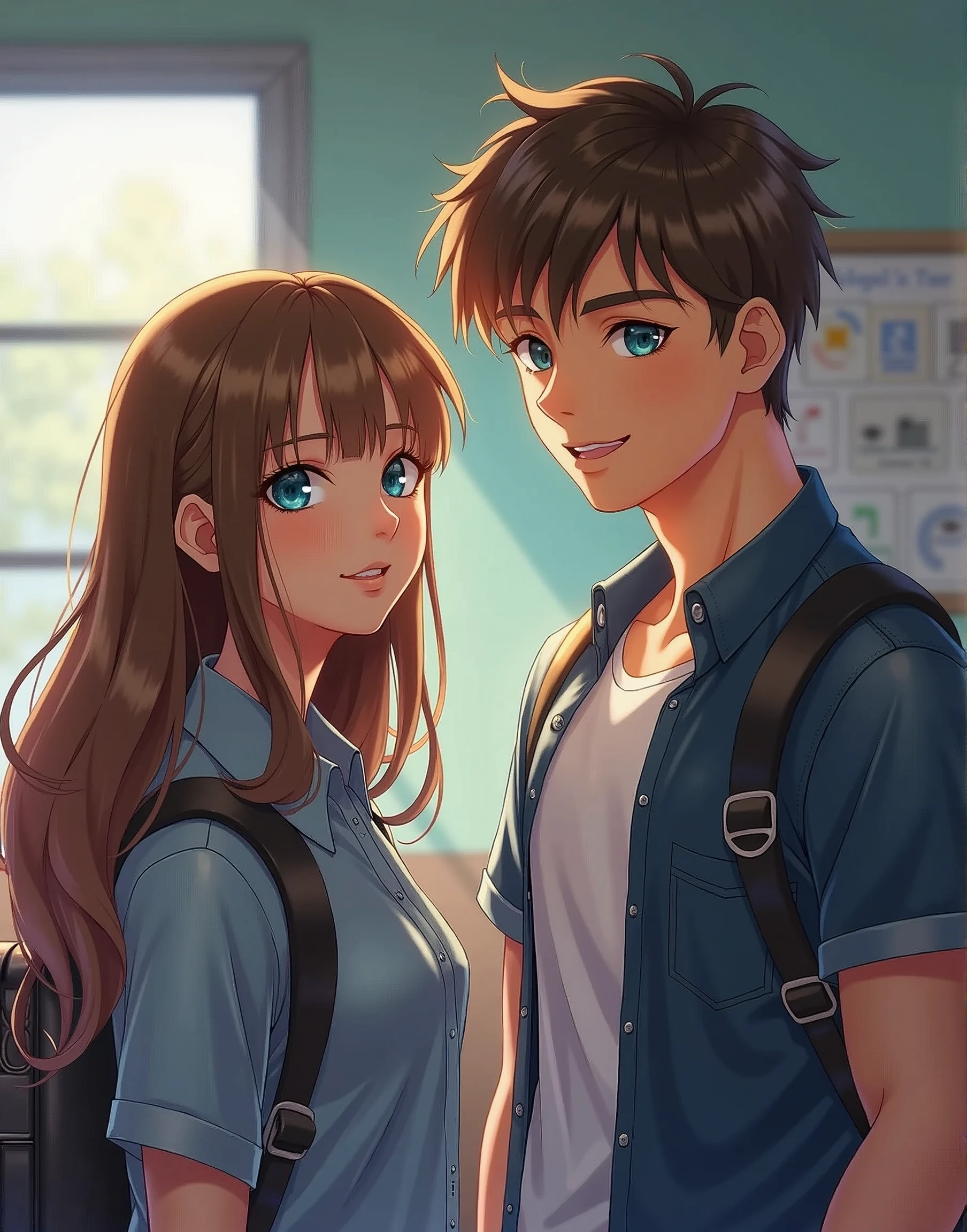 (masterpiece:1.5), (2people:1.4), (18 years old:1.3), [(1girl:1.3), (long straight brown hair:1.4), (teal eyes:1.3)], [(1guy:1.3), (short brown hair:1.4), (blue eyes:1.3), (muscular and large:1.3)], (school background:1.5), (looking at viewer:1.2)