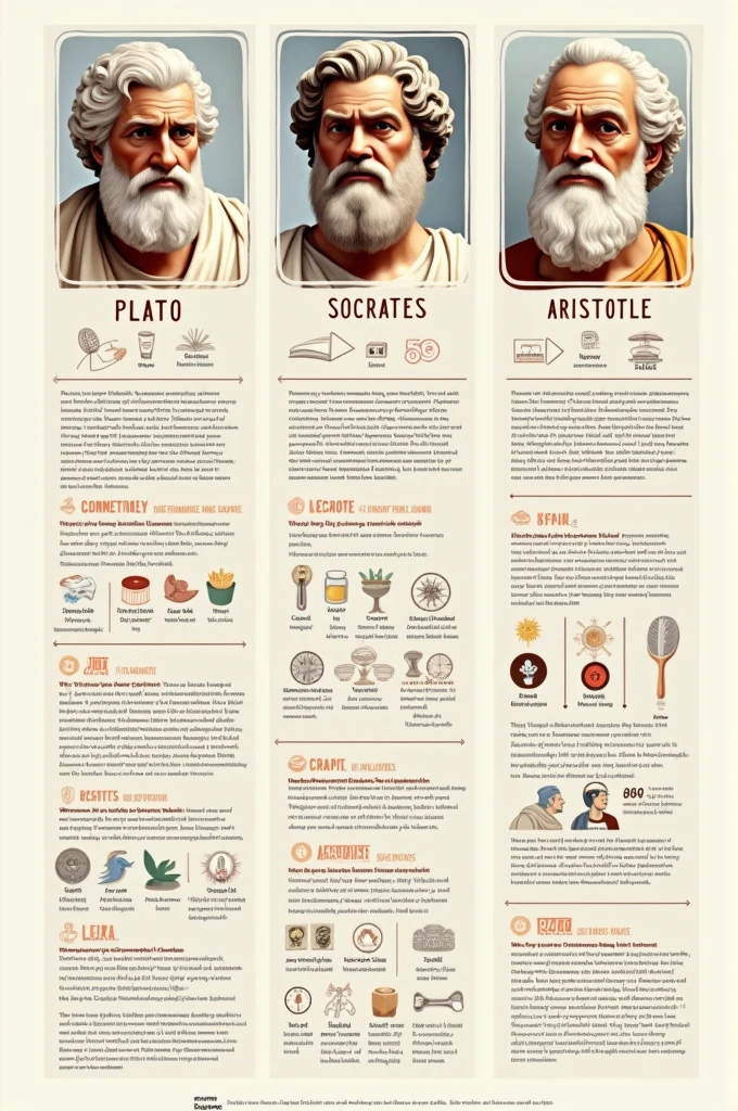 I want an image of a short and summarized infographic with plenty of images of Plato's thought, Socrates and Aristotle 