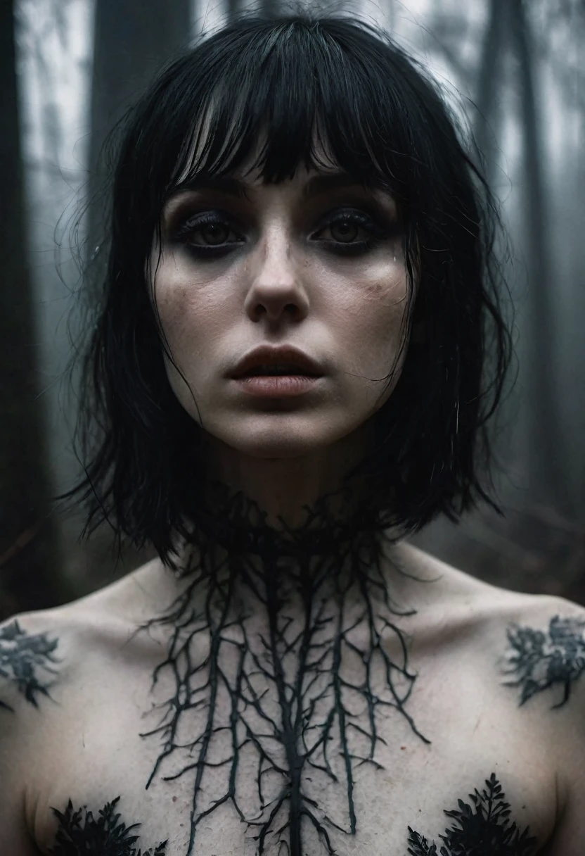 (Best Quality,hight resolution,Masterpiece, portrait:1.2),Ultra-detailed, close up of a naked woman in a creepy forest, nsfw, black metal make-up, pale white skin, tattoes, creepy make-up, foggy and cold atmosphere, dripping make-up, wet ambient, esoteric tattoes, tattoed neck, cold atmosphere, horror aesthetic, gothic aesthetic, completely naked, seen frontally, centered subject,gloomy ecstasy,fetish,dark gloomy atmosphere, creepy atmosphere, gritty texture,Retro-atmosphere,warped reality,melancholic expression on his face,mysterious aura,foggy atmosphere,foggy background,Subtle color palette,provocative pose,Strong emotions,Coming Out of the Depths of Despair,Piercing gaze,intense shadows,Plunged in Darkness,dark industrial aesthetic,ominous vibe,A supernatural sensation,Loss of Place in Time and Space,Eerie silence.asymmetrical bangs, freckles, black short hair, Bangs, freckles, gray eyes,