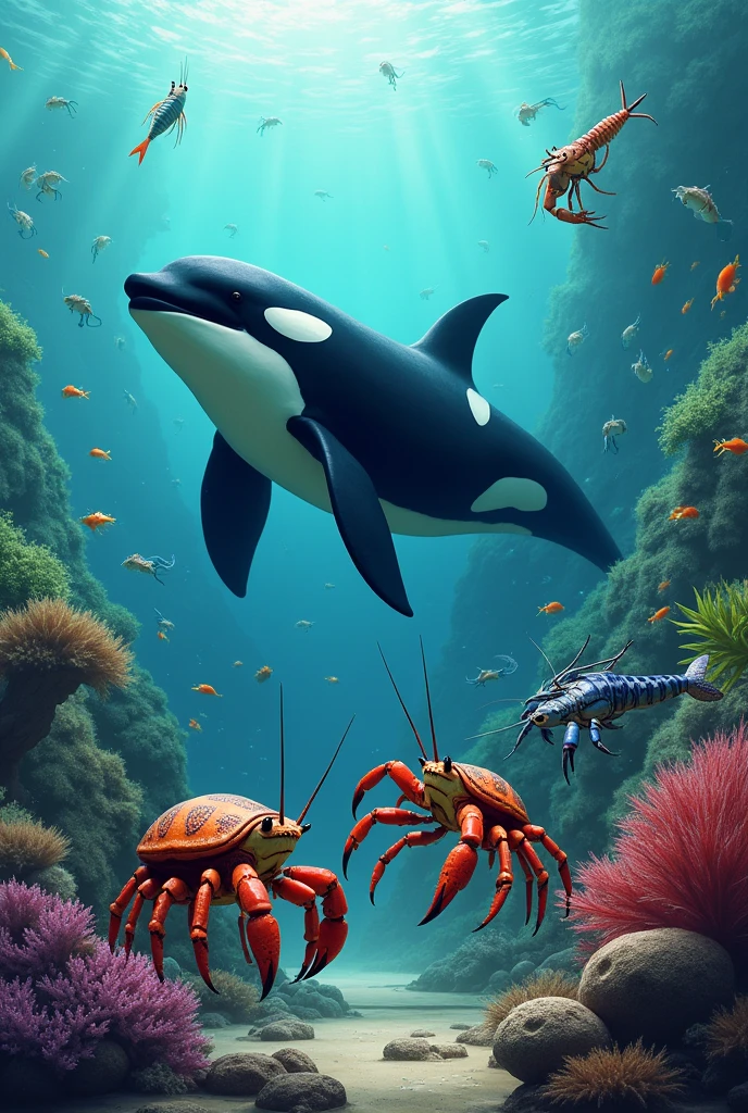 killer whale, Coconut crab, hermit crab, boxer lobster and pistol shrimp together
