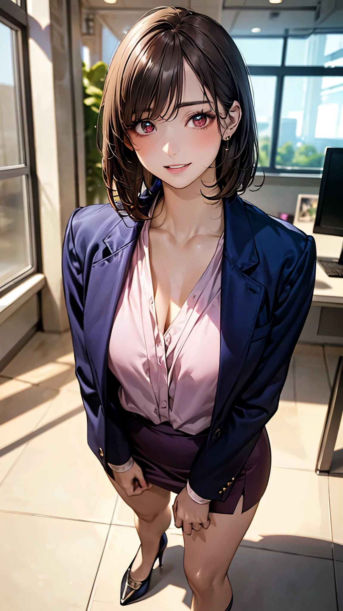 (masterpiece:1.2, top-quality), (realistic, photorealistic:1.4), beautiful illustration, (natural side lighting, movie lighting), depth of fields, ,
beautiful detailed hair, beautiful detailed face, beautiful detailed eyes, beautiful clavicle, beautiful body, beautiful chest, beautiful thigh, beautiful legs,
looking at viewer, 1 girl, 19 years old, (perfect anatomy, anatomically correct, super detailed skin), cute and symmetrical face, perfect face, perfect eyes,
(short hair:1.5, straight hair, dark brown hair), swept bangs, brown eyes, big eyes, long eye lasher, (medium breasts, seductive thighs), perfect body, shiny skin, pink skin,
(lavender blouse, break navy tight skirt, navy business suit jacket, breal high heels),
(beautiful scenery), evening, (computer office:1.2), standing, (lovely smile, parted lips),
