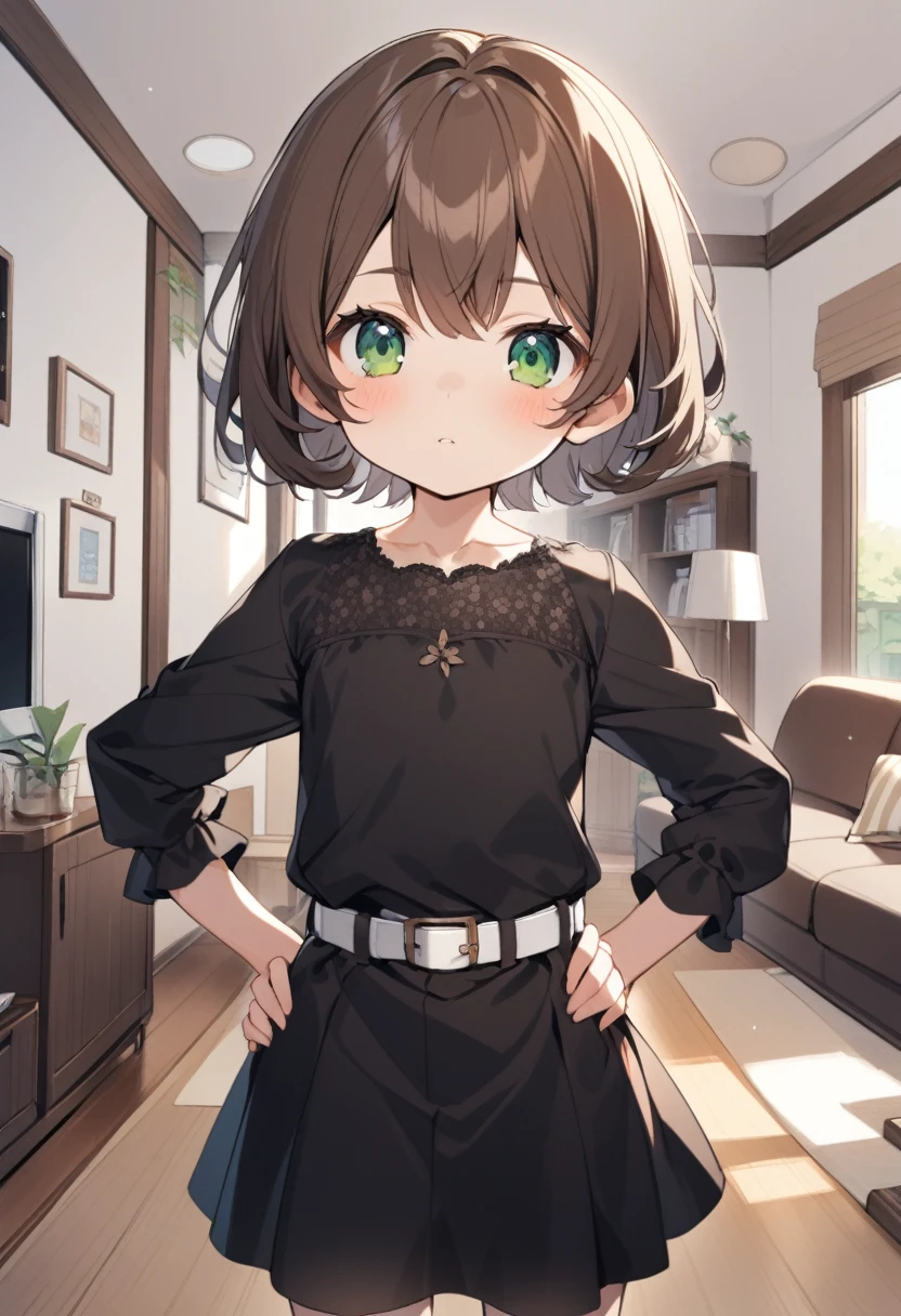1girl, cute 7 year old, brown hair, short hair, green eyes, black dress, white belt, indoors, living room, standing, hands on hips, pov.