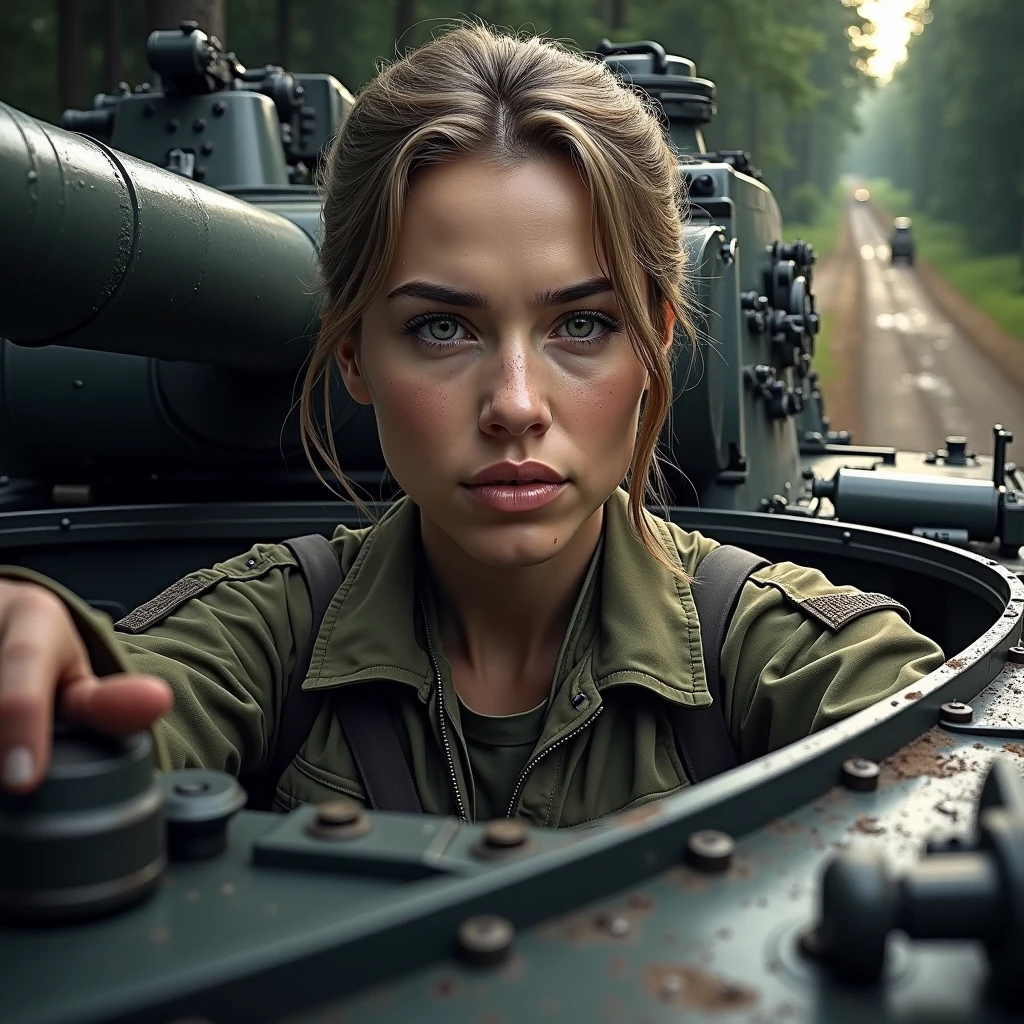 A dynamic and ultra-realistic picture of a female soldier. She is a tank driver. You can see her head sticking out of the tank hatch. The tank is driving through the forest roads. Cinematic mode, dynamic light and shadows matching the environment and the character. Perfect face, skin texture. Dynamic action, with tension and drama.