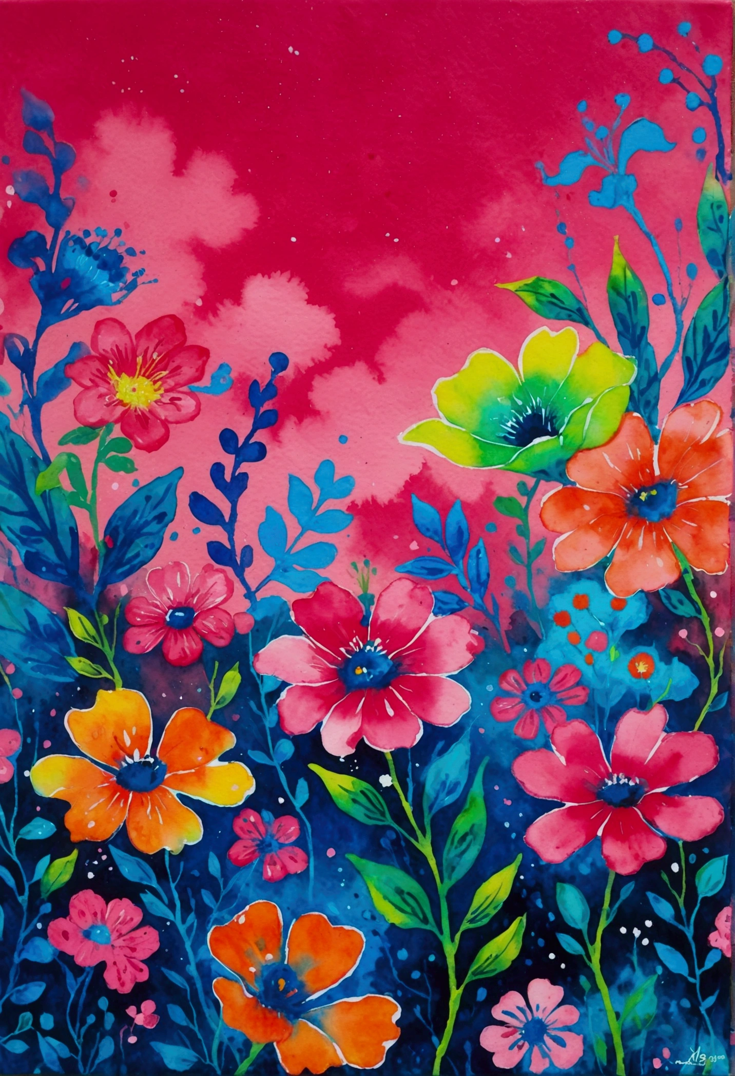Ink wash painting，Tie-dye，Smudge pattern，Water lacquer painting。Flowers with pink background, Inspired by Ting Xiongquan, fun Vibrant Watercolors, Vibrant Watercolors painting, by Walasse Ting, Vibrant neon ink painting, Vibrant Watercolors, author：Li Keran, Vibrant gouache landscape, Flower splash painting, vibrant art, Surreal Waizi Flowers, Colorful flowers, Magic colorful flowers, Colorful flowers