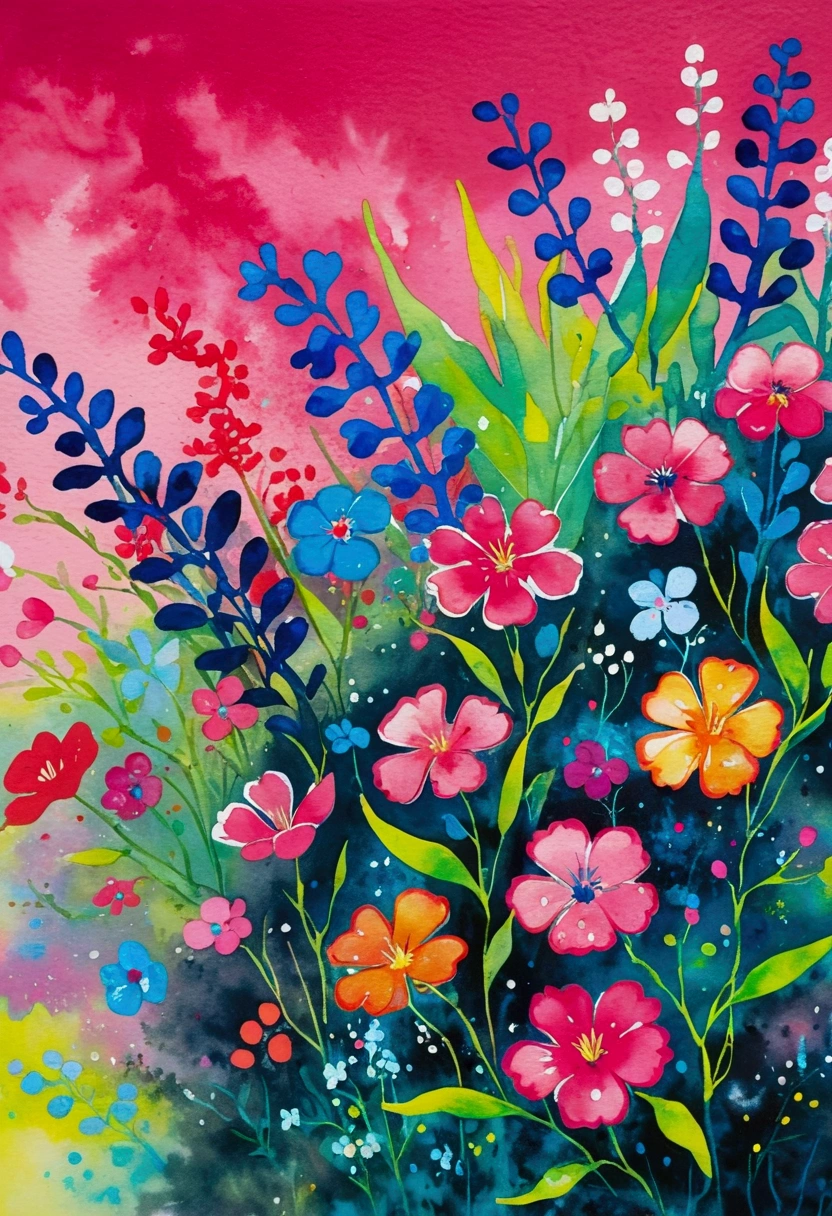 Ink wash painting，Tie-dye，Smudge pattern，Water lacquer painting。Flowers with pink background, Inspired by Ting Xiongquan, fun Vibrant Watercolors, Vibrant Watercolors painting, by Walasse Ting, Vibrant neon ink painting, Vibrant Watercolors, author：Li Keran, Vibrant gouache landscape, Flower splash painting, vibrant art, Surreal Waizi Flowers, Colorful flowers, Magic colorful flowers, Colorful flowers