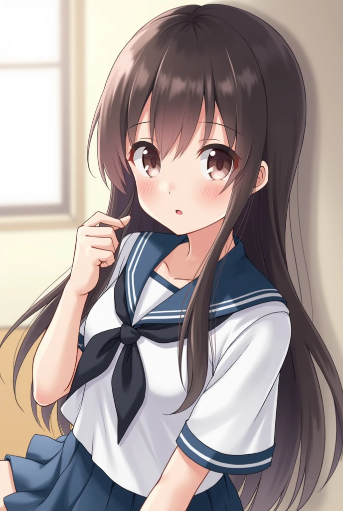In high school、Wearing a sailor uniform。with long straight hair、Childish look The wide angle is up.、Plump lips Eyes are large、The light is on