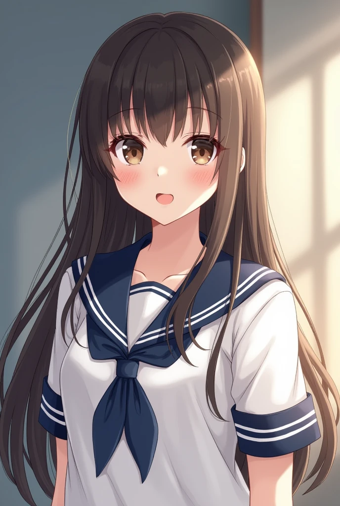 In high school、Wearing a sailor uniform。with long straight hair、Childish look The wide angle is up.、Plump lips Eyes are large、The light is on