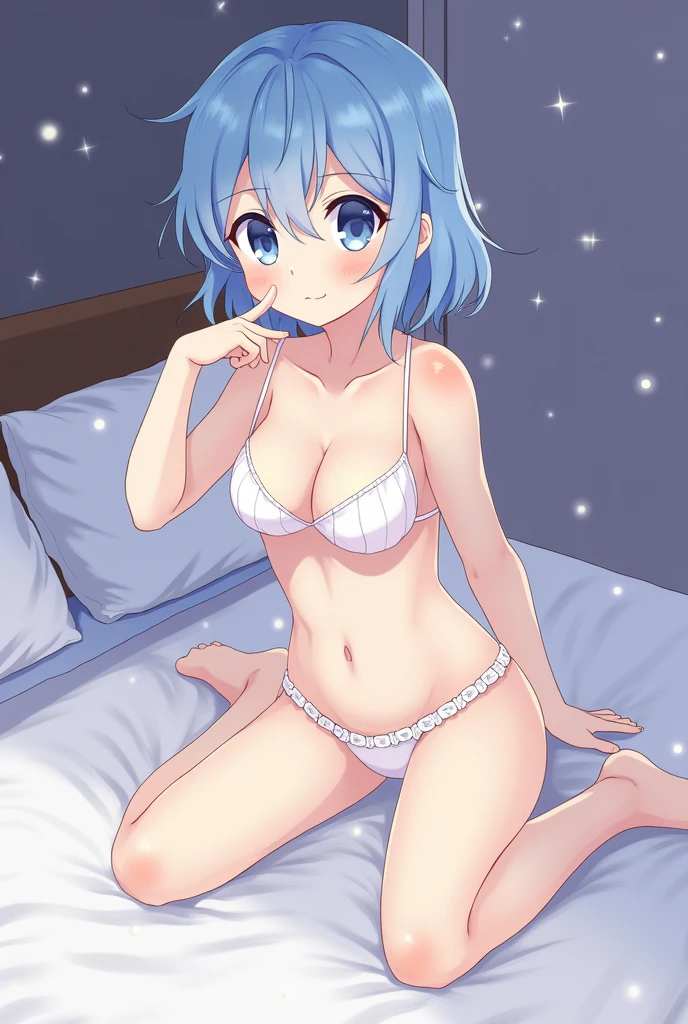 Anime Style、Blue Hair Girl、White underwear、night、bed、Butt、cute、high resolution