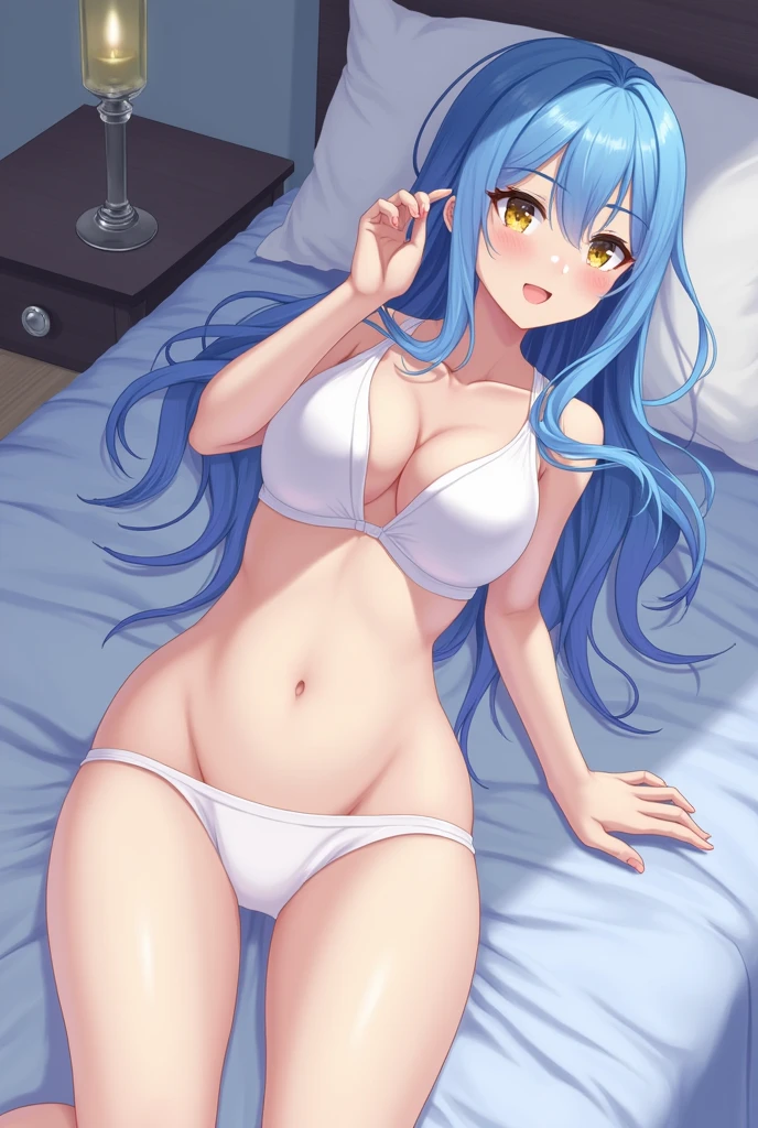 Anime Style、Blue Hair Girl、White underwear、night、bed、Butt、cute、high resolution