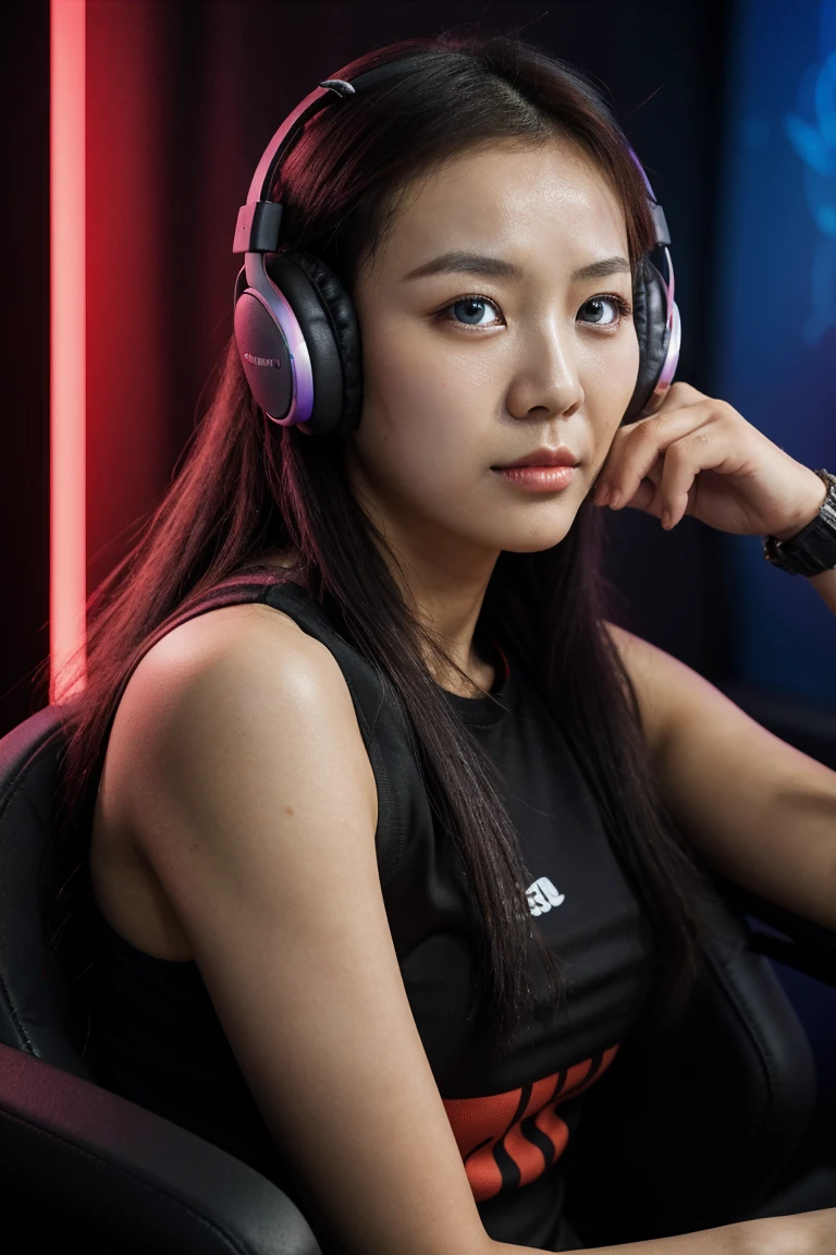 Neon pro gaming room, on pc desktop is Honor Of King sylized displays, ((2persons in 1 image)), ((naughty very beautiful south korean-Indonesian hybrid girl gamers)), BREAK, perfect flawless nose, sexy sensual kissable lips:1.2, lewd mouth apart, natural teen saggy breasts, (thick fleshy sexy arms:1.2), revealing her flawless sensual armpit, wearing huge gaming headphone, wearing loose t-shirt with anime print, bracelet, chocker, gamer chair, lot of action figures statue display on the back of the room, the girl sitting on the gaming chair with the gaming high-end OC on the desk before her, full face close-up focused shot, gaming, Juicy thick figure, high quality skin, Skin pores, amazing details, perfect anatomy, anatomically correct, realistic, extremely detailed eyes, dark moody gamer settings, cool environment, BREAK, photographed on a Canon EOS R3, 105mm F/2.8 VR Macro Lens, HDR, 8k, (sharp focus),