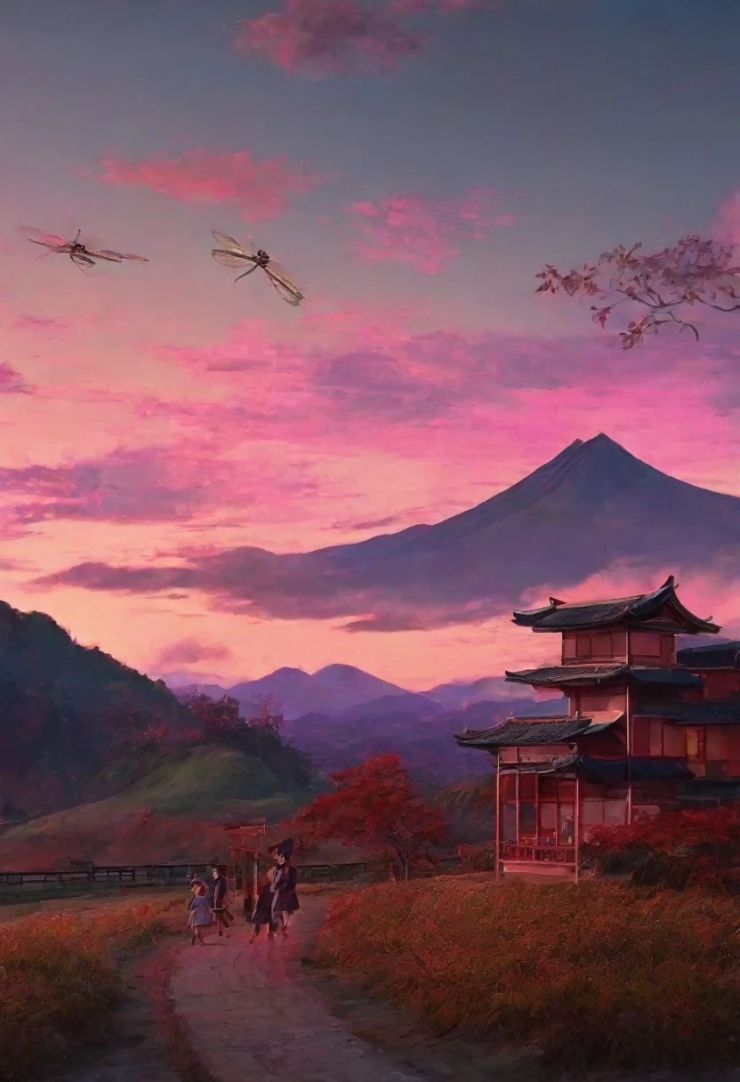 1960s rural japanese landscape, autumn, dragonflies, sunset, mountain shadows, pink sky, crimson clouds, hurrying boys going home, nostalgic, professional lighting, professional camera, highly detailed, 8k, photorealistic, cinematic, serene, warm colors, atmospheric, natural, emotional