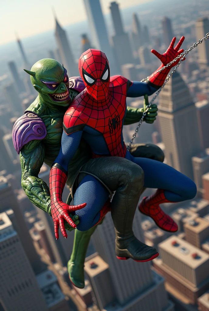 Spider-Man pulls the Green Goblin off his glider with a strong web pull.