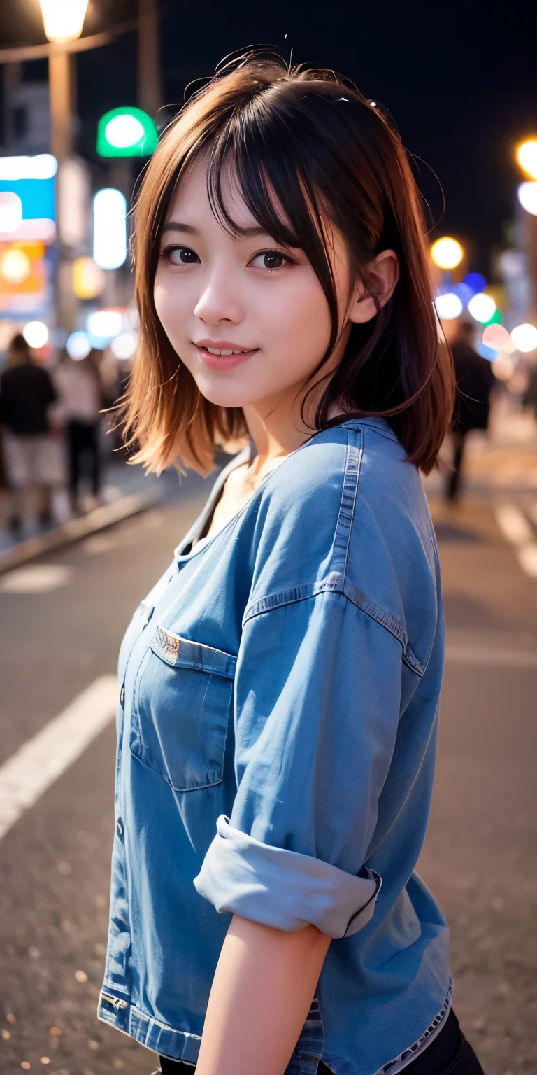 1 girl, Tokyo Street,night, Streetscape,City lights,Upper Body,close,smile,, (8k, RAW Photos, Highest quality, masterpiece:1.2),(Realistic, photo-Realistic:1.37),