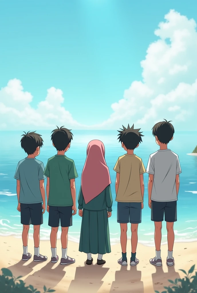 Quintuplets ( 4 boy 1girl ( hijab girl wearing a handsock and sock ) the girl in the Middle and 2 boy on left the girl and 2 more boys on the right girl. the quintuplets Seeing the beach. Image in Back. Facing the sea. The girl height is 150 cm the first boy : 200 cm. The second boy : 200 cm ,the third boy : 200 cm and the fourth boy 200 cm height