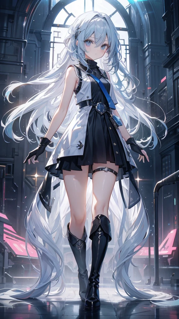 long hair,thin,,Clarity,high-definition,big eyes,Blue Eyes,Facing the audience,beauty,Extremely high image quality,超Clarity的画面,modern style,Over-the-knee boots,Sleeveless sweater,Long glove