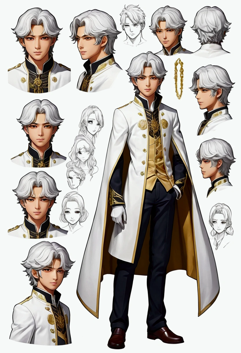 (FULL BODY CHARACTER DESIGN SHEET) (HIGH RESOLUTION) a character design sheet featuring a young male child around , he has white hair styled in a 'comma' shape, wavy and slightly curled, common in anime. his golden eyes have reptilian slits, giving him a dragon-like quality. he wears a beautiful, noble outfit reminiscent of historical manhwa, featuring a regal color palette of grey, golds, and whites. (WHITE NOBLE CLOTHES LIKE HISTORICAL MANHWA) despite his cute appearance, his expression is flat and emotionless, as if detached from the world around him. the background of the design sheet is neutral, focusing on the character from multiple angles, including a close-up of his face, the full body, and the others details. the overall style should resemble character design sheets often seen in manhwa, with clear lines and detailed shading to highlight his mysterious aura and intricate clothing details. (FULL BODY CHARACTER DESIGN SHEET) (3:4 CHARACTER DESIGN SHEET) (MANHWA STYLE)