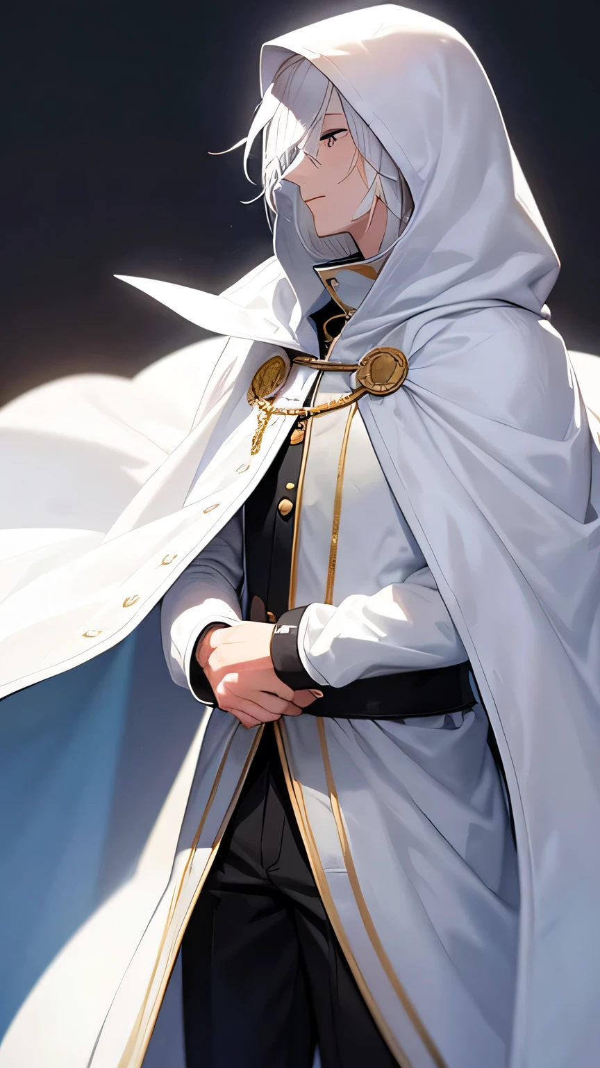 Young man with hood,White hair covers one eye,White Cape,Profile