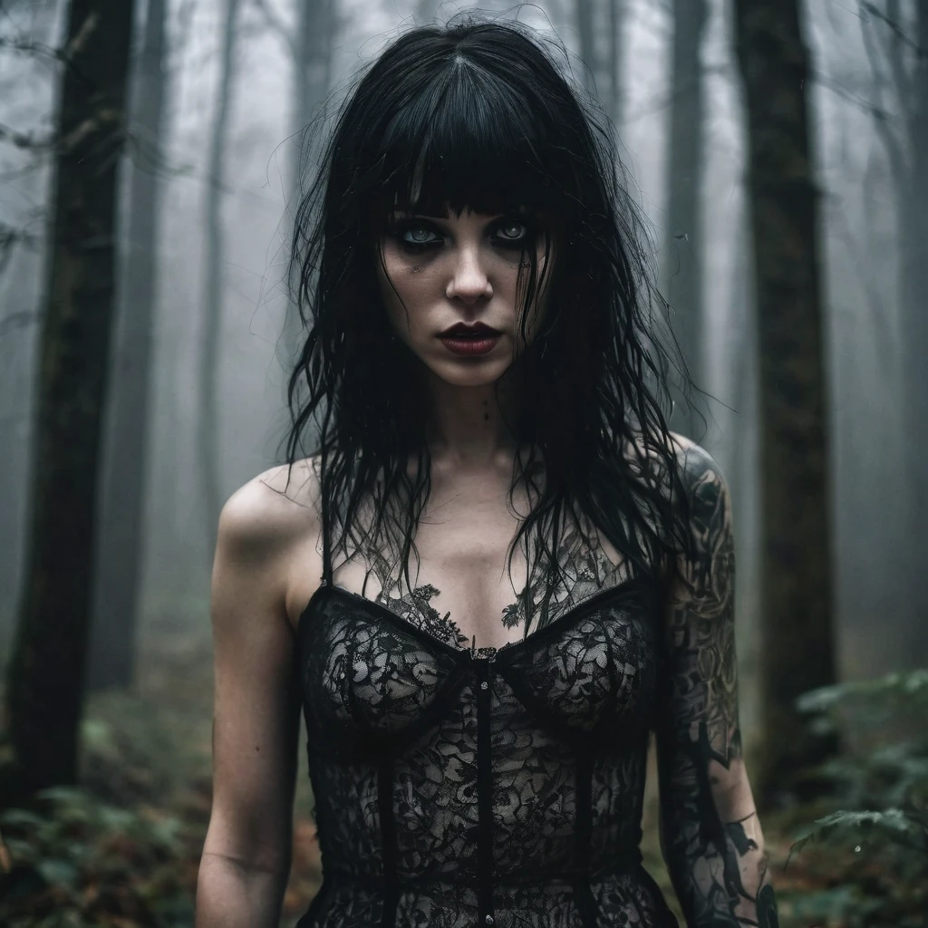 (Best Quality,hight resolution,Masterpiece, portrait:1.2),Ultra-detailed, close up of a naked woman in a creepy forest, black veil covering her breasts, black metal make-up, pale white skin, tattoes, creepy make-up, foggy and cold atmosphere, dripping make-up, wet ambient, esoteric tattoes, tattoed neck, cold atmosphere, horror aesthetic, gothic aesthetic, completely naked, seen frontally, centered subject,gloomy ecstasy,fetish,dark gloomy atmosphere, creepy atmosphere, gritty texture,Retro-atmosphere,warped reality,melancholic expression on his face,mysterious aura,foggy atmosphere,foggy background,Subtle color palette,provocative pose,Strong emotions,Coming Out of the Depths of Despair,Piercing gaze,intense shadows,Plunged in Darkness,dark industrial aesthetic,ominous vibe,A supernatural sensation,Loss of Place in Time and Space,Eerie silence.asymmetrical bangs, freckles, black short hair, Bangs, freckles, gray eyes,