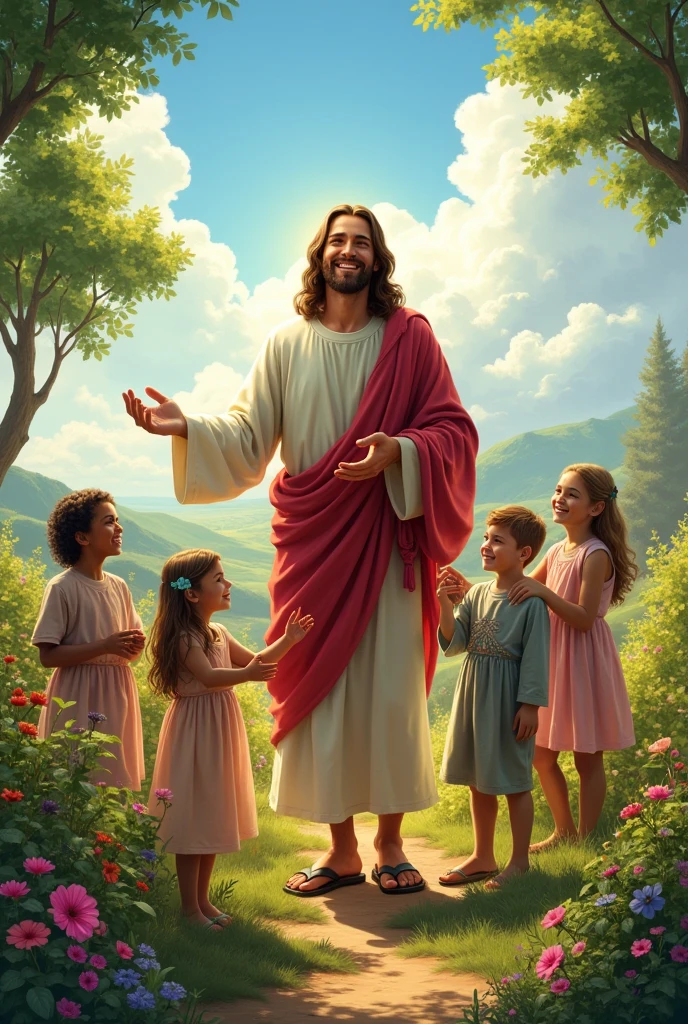 Jesus smiling amidst nature with children and animals in an HD Marvel-style drawing