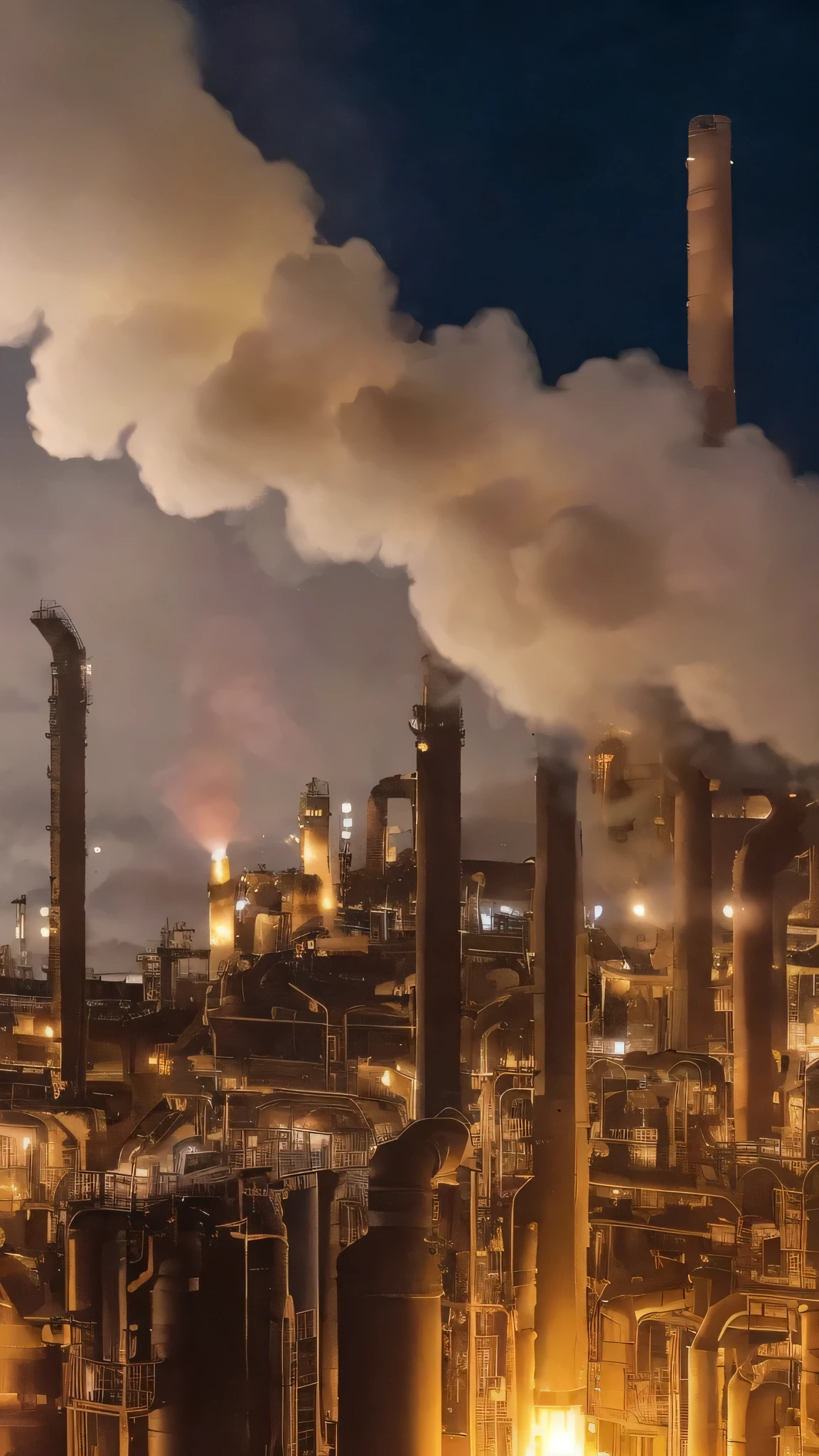 Background only、Night view of the factory、Shining、Petrochemical complex night view、Smoke from the chimney、Pipes cross、Pale white light、Flames from the flare stack、Looks like a photo